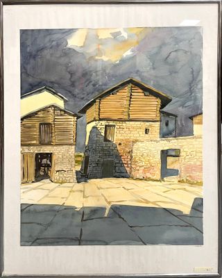 framed watercolor painting of a barn in a rural setting
