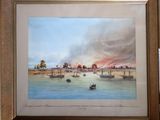 tableau représentant une vue d'une rivière avec des bateaux sur l'eau