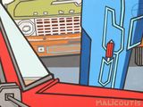 a painting of a red car and a yellow truck