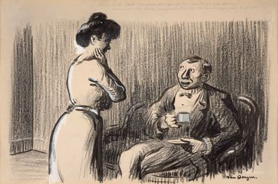 dessin représentant un homme assis sur une chaise en train de parler à une femme, un verre de vin à la main