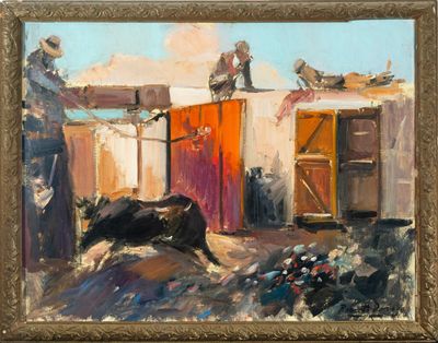une peinture à l'huile représentant un homme debout à côté d'une vache dans une étable