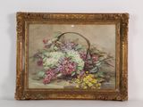 une peinture représentant un panier de fleurs sur une table