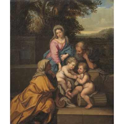 un tableau représentant un groupe de personnes assises autour d'un bébé