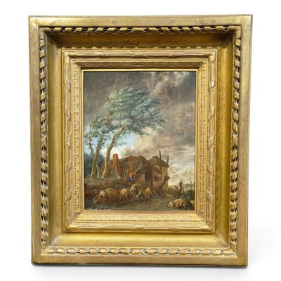 an image of a painting of a farm scene with sheep and a house
