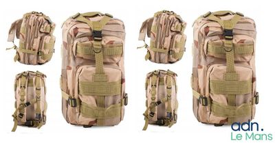 quatre vues différentes d'un sac à dos doté de plusieurs compartiments et sangles
