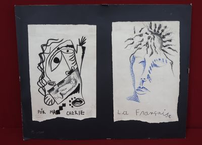 two drawings of a woman and a man on a red background