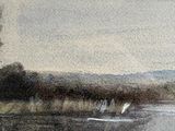 a watercolor painting of a boat on the water