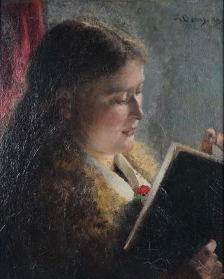 an oil painting of a woman reading a book in front of a red curtain