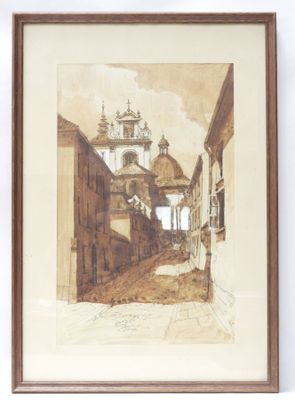 peinture d'une scène de rue avec un clocher d'église en arrière-plan