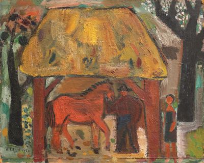 un tableau représentant un cheval et un homme devant un toit de chaume