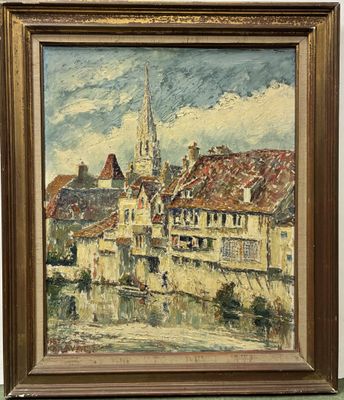 l'image d'un tableau représentant une ville avec un clocher d'église en arrière-plan
