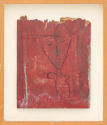 an image of a painting of a man ' s face on a red background