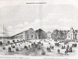 an old picture of a city street with people and horses
