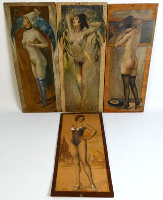 three framed pictures of a woman in a bathing suit and a man in a bathing suit