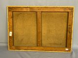 an old wooden frame with two glass doors on a gray background