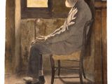 painting of a man sitting in a chair in front of a window