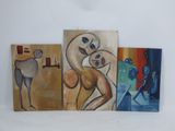trois tableaux représentant une femme et un homme sur un fond blanc