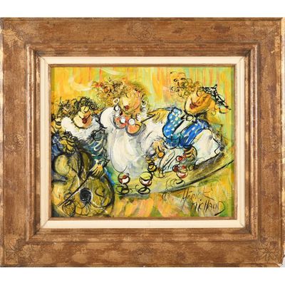 painting of a group of children playing with a dog and a cat