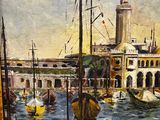 painting of boats in a harbor with a bridge in the background