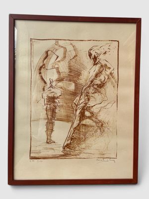 drawing of a man holding a sword in front of a drawing of a woman