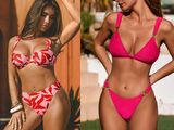 two pictures of a woman in a pink bikini and a woman in a pink bikini