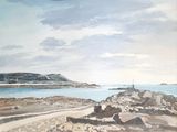 un tableau représentant un phare au bord de l'océan