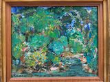 an oil painting of a green landscape with trees and a stream