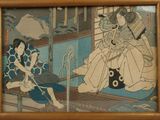 a picture of a painting of two women sitting on a bench