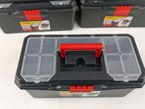 a group of three black and red tool boxes sitting on top of each other