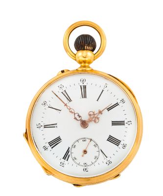 une image d'une montre de poche en or avec des chiffres romains sur le cadran