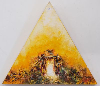 an image of a painting of a building in the middle of a triangle