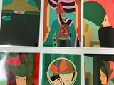 several cards of women with hats and umbrellas on a table