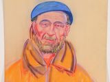 an oil painting of a man wearing a blue hat and orange jacket