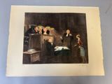 un vieux tableau représentant une scène de tribunal avec un juge et deux enfants