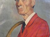 painting of a man in a red jacket and hat holding a gold hoop