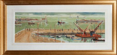 painting of a harbor scene with boats in the water and people walking on the beach