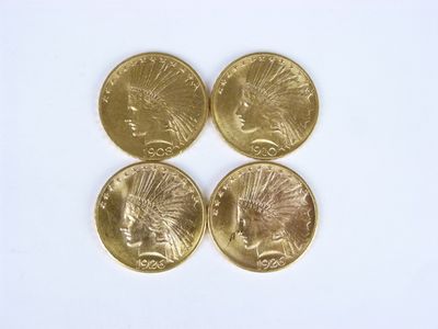 4 pièces de 10 dollars or "Tête d'indien", 1908, 1910, 1926 (x 2)