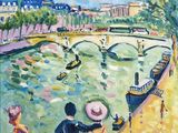 tableau représentant un couple admirant la tour Eiffel depuis un pont