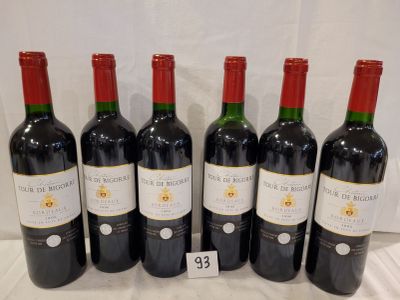 six bottles of red wine are lined up on a table