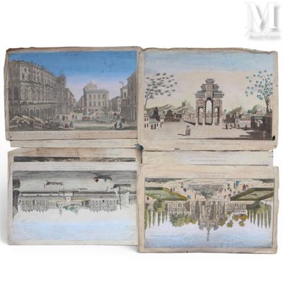 four different pictures of a city with a bridge and a building in the background