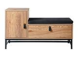 a wooden bench with a black cushion on top of it