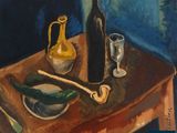 a painting of a still life with a bottle and a spoon on a table