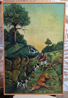 a painting of a man holding a picture of a dog and a man with a dog