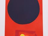 une image représentant un tableau rouge et bleu orné d'un cercle noir