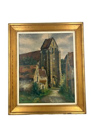 tableau représentant une église dans un cadre champêtre, avec un chemin qui y mène