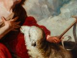 painting of a man with a dog and a sheep in a rocky landscape