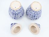 two blue and white vases with lids on a white surface