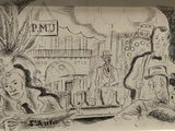 drawing of a group of people sitting at a table in a restaurant