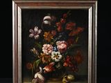 painting of a vase of flowers on a table with a black background