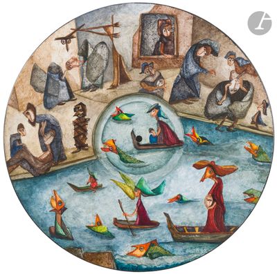 un tableau représentant un groupe de personnes dans un bateau